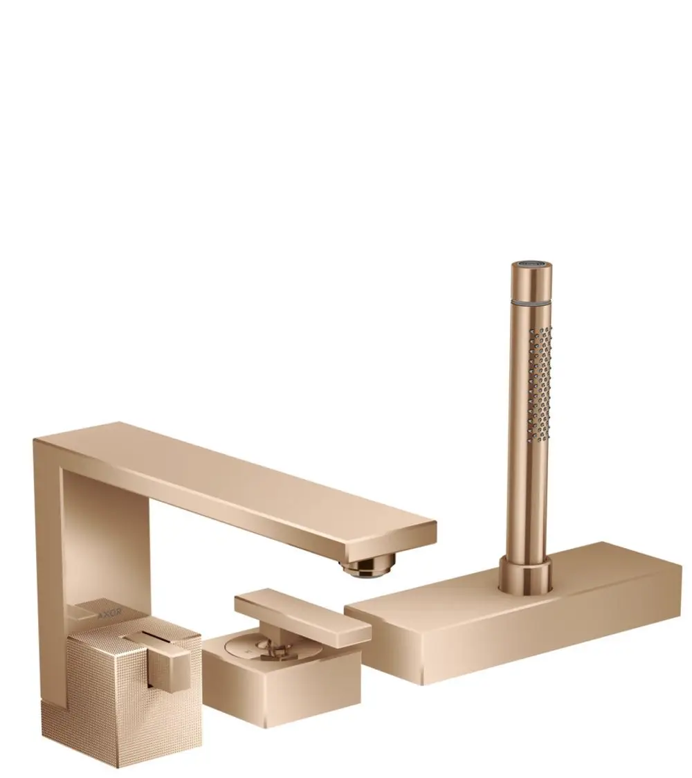 AXOR-Wannenrandmischer in Polished Red Gold mit drei Teilen, einschließlich langem Auslauf und separater Steuerung. Geometrisches Design und klare Linienführung.